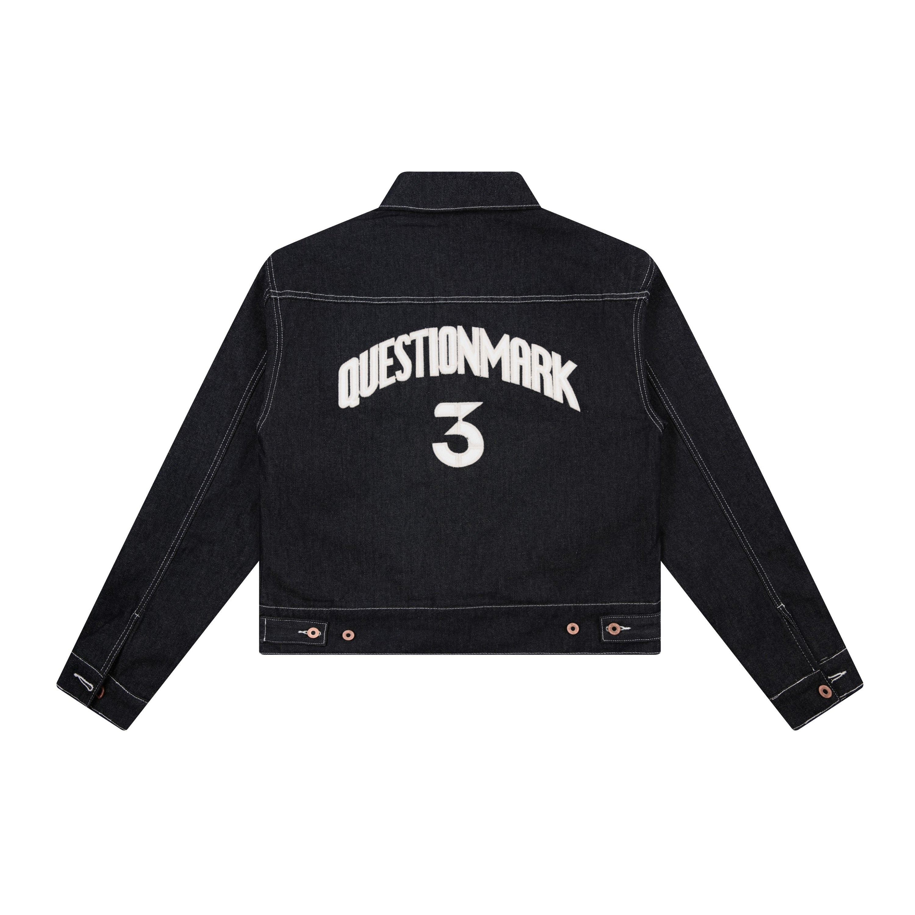 Questionmark 3 Black Denim Jacket | Contrast Stitch & Leopard Lining
