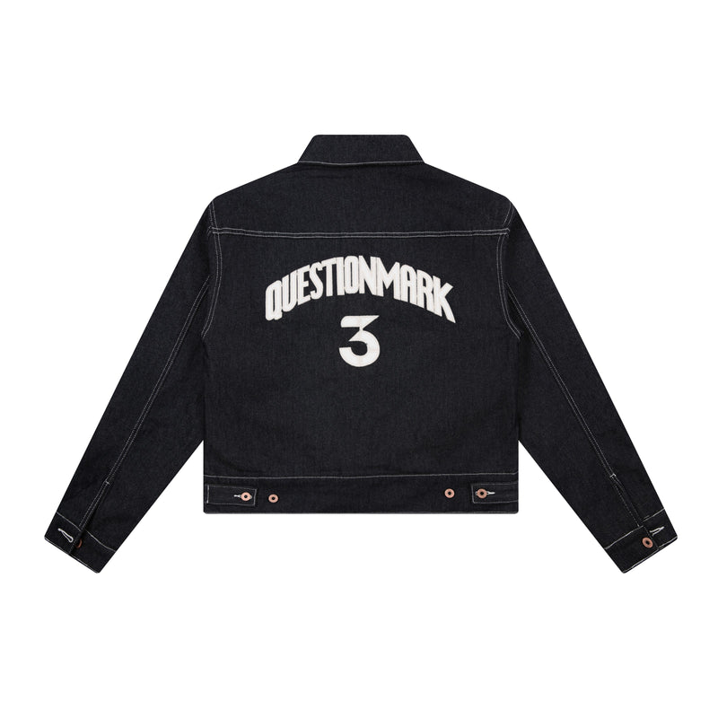 Questionmark 3 Black Denim Jacket | Contrast Stitch & Leopard Lining