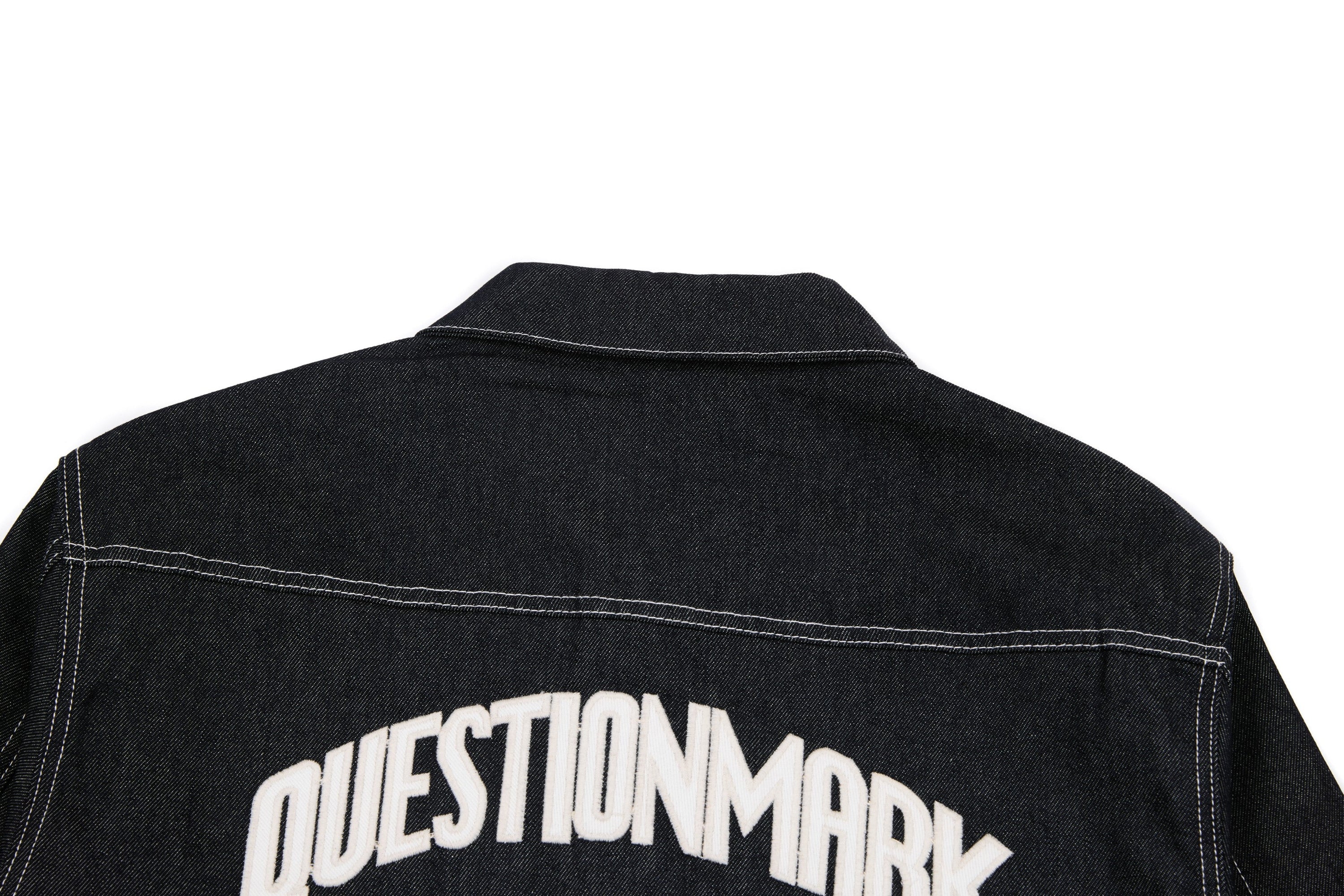 Questionmark 3 Black Denim Jacket | Contrast Stitch & Leopard Lining