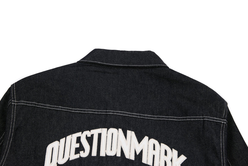 Questionmark 3 Black Denim Jacket | Contrast Stitch & Leopard Lining