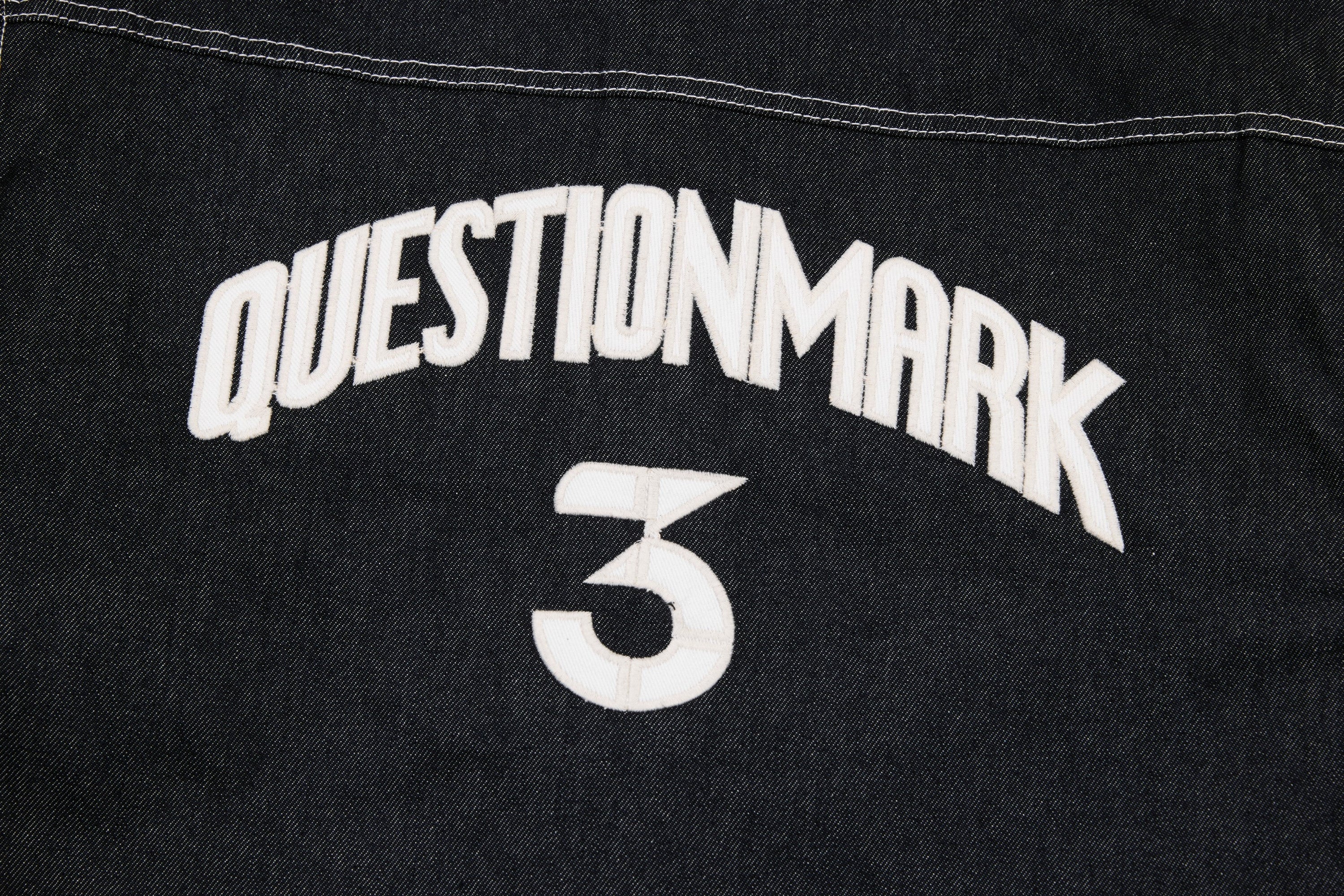 Questionmark 3 Black Denim Jacket | Contrast Stitch & Leopard Lining