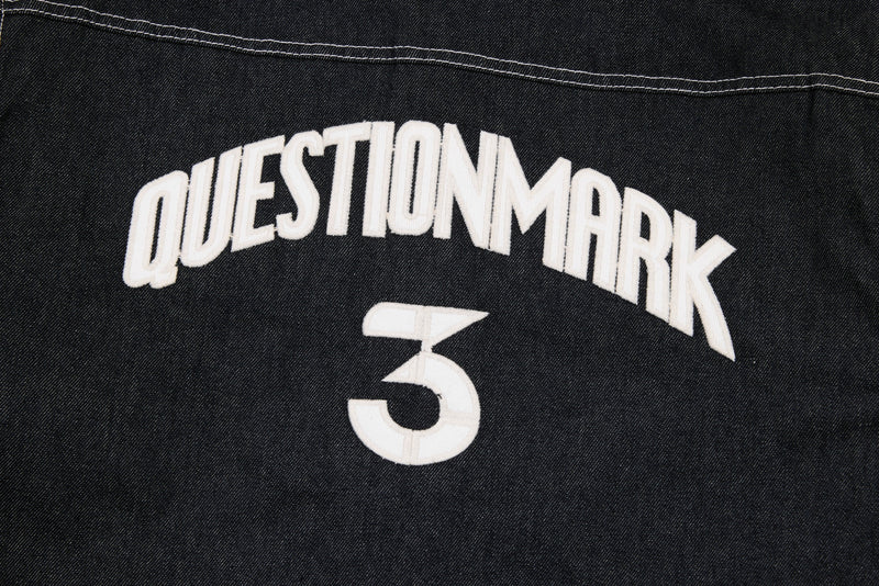 Questionmark 3 Black Denim Jacket | Contrast Stitch & Leopard Lining