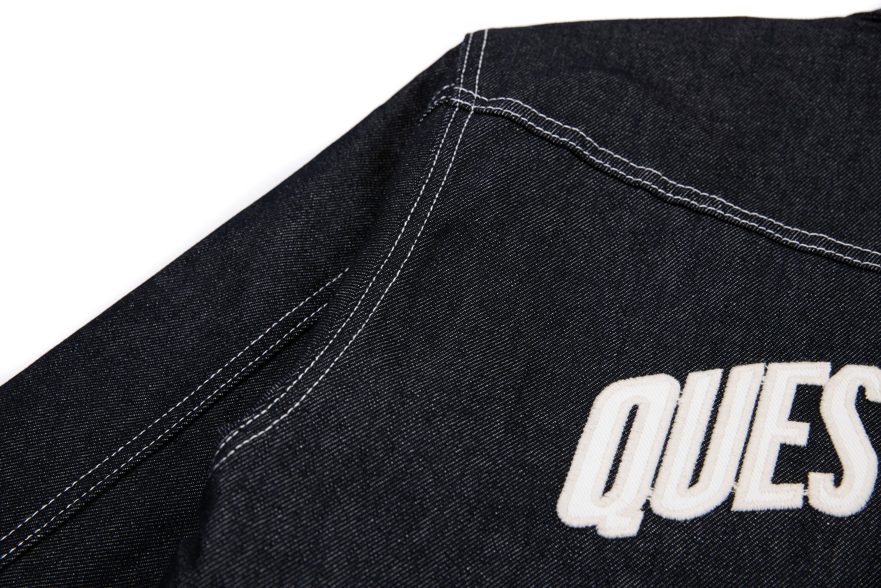 Questionmark 3 Black Denim Jacket | Contrast Stitch & Leopard Lining