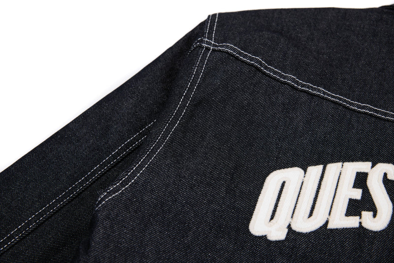 Questionmark 3 Black Denim Jacket | Contrast Stitch & Leopard Lining
