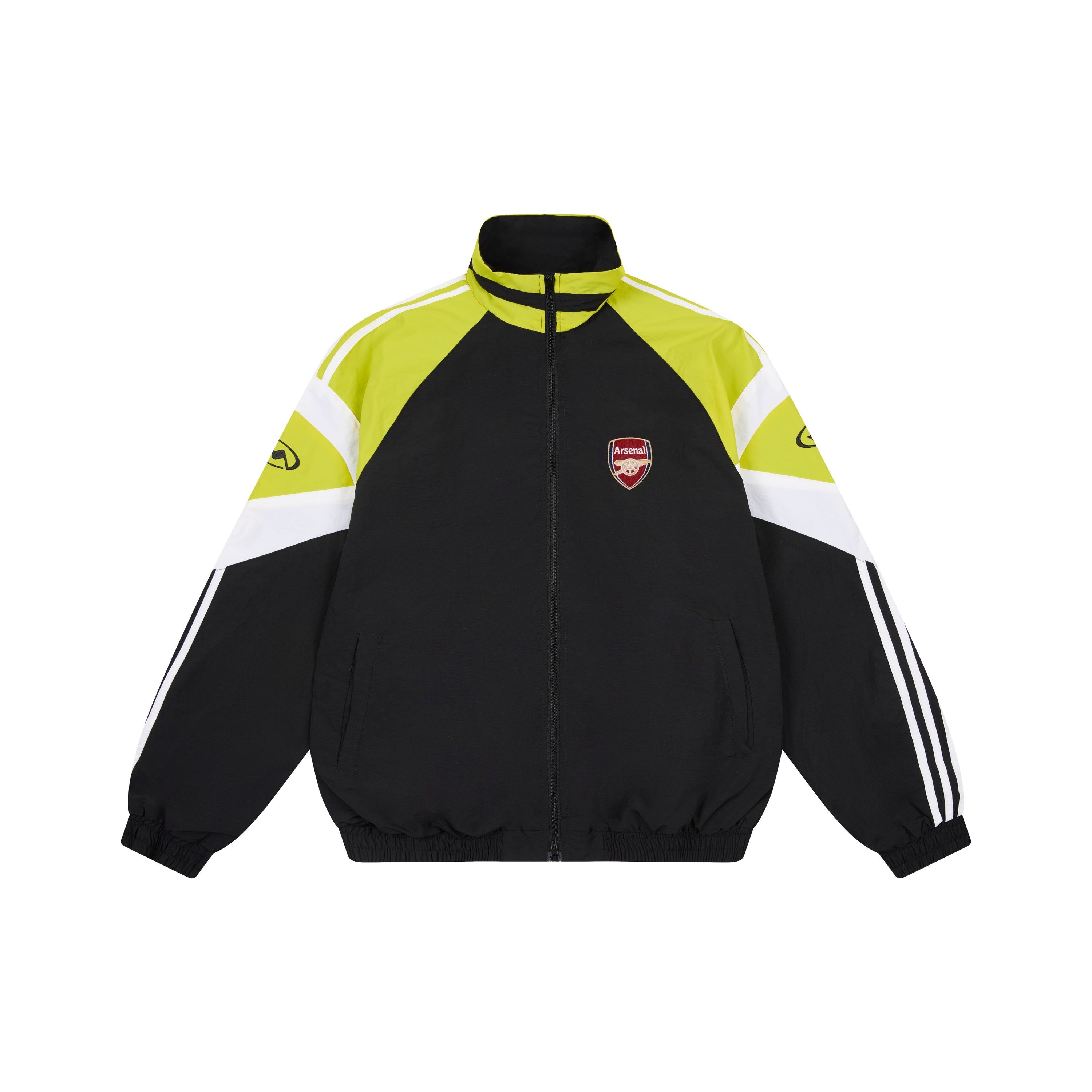 Omirad colorblock track jacket in black, acid yellow and white with Arsenal crest chest patch, front view