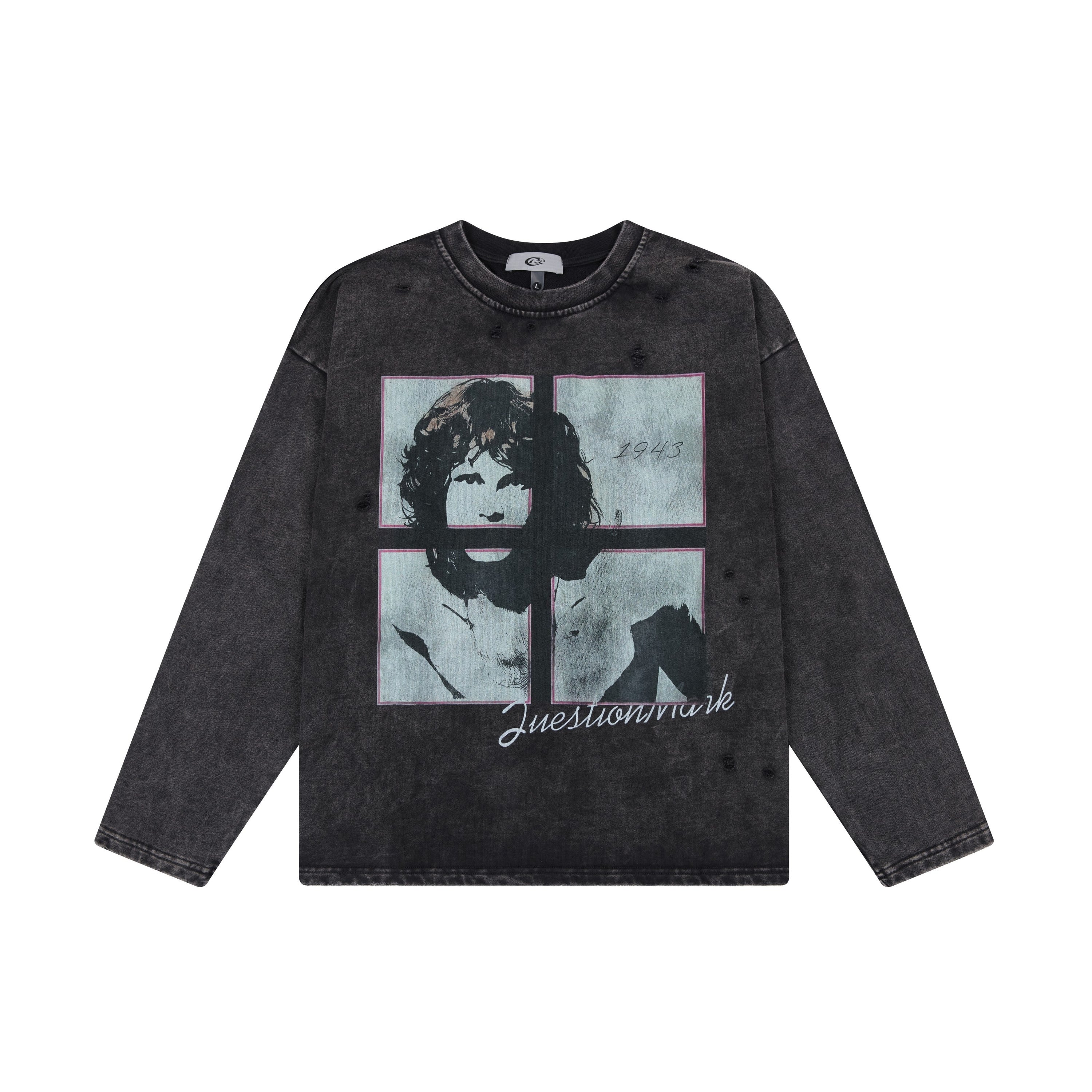 Acid-washed black oversized long sleeve tee with four-panel vintage portrait graphic print and Questionmark script on chest