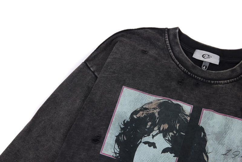 Black washed graphic long sleeve tee, angled front view showing portrait print