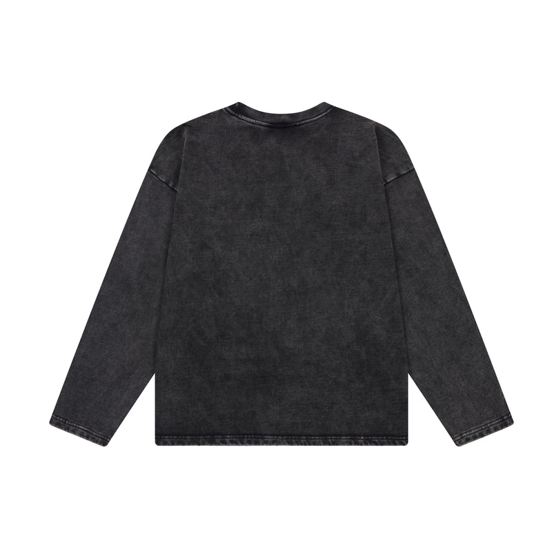 Black washed long sleeve tee, back view with crew neck and loose sleeves