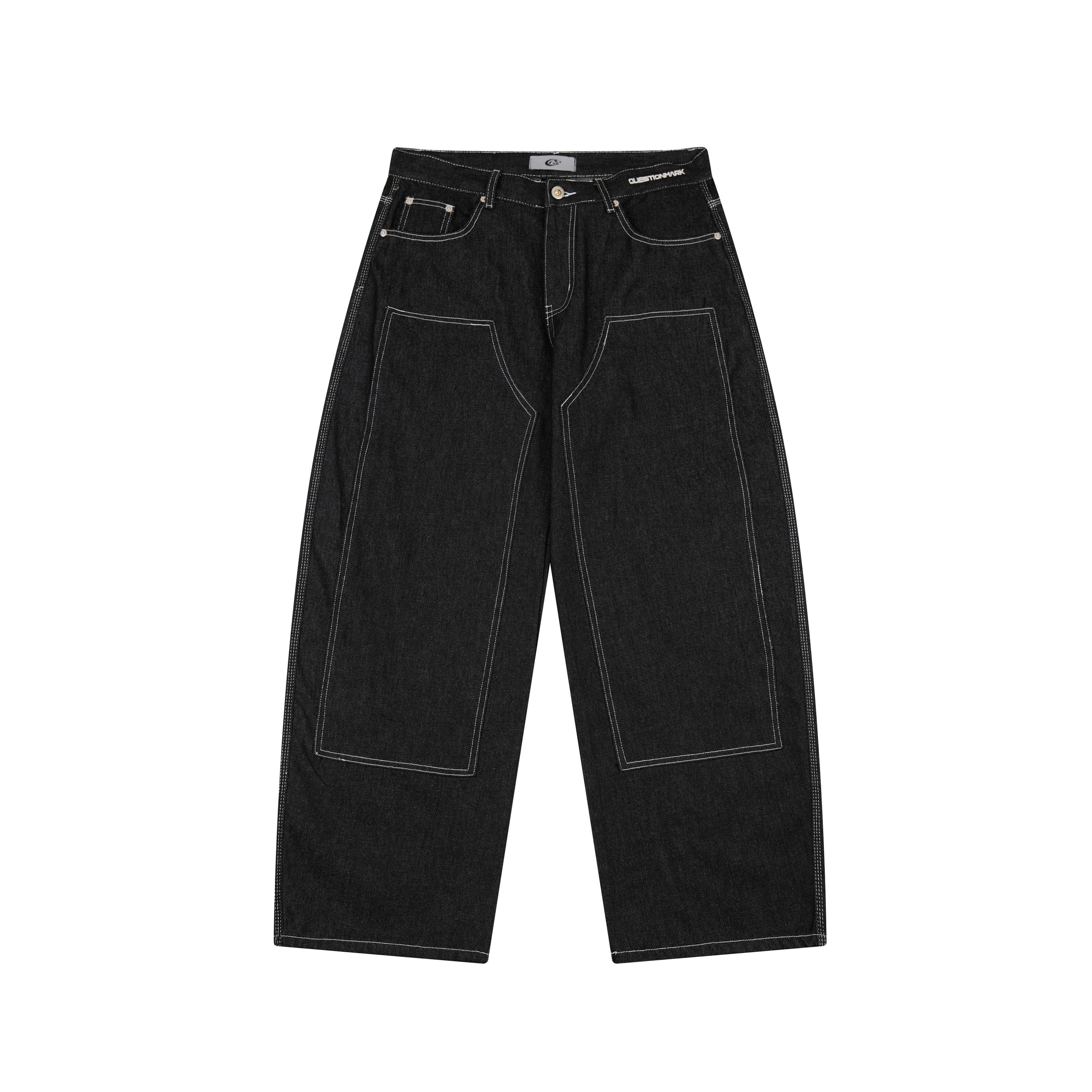 Questionmark black wide-leg denim pants with white contrast stitching and oversized front panel detailing, front view