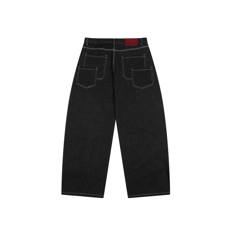Black wide-leg denim pants with panel stitching and back patch pockets