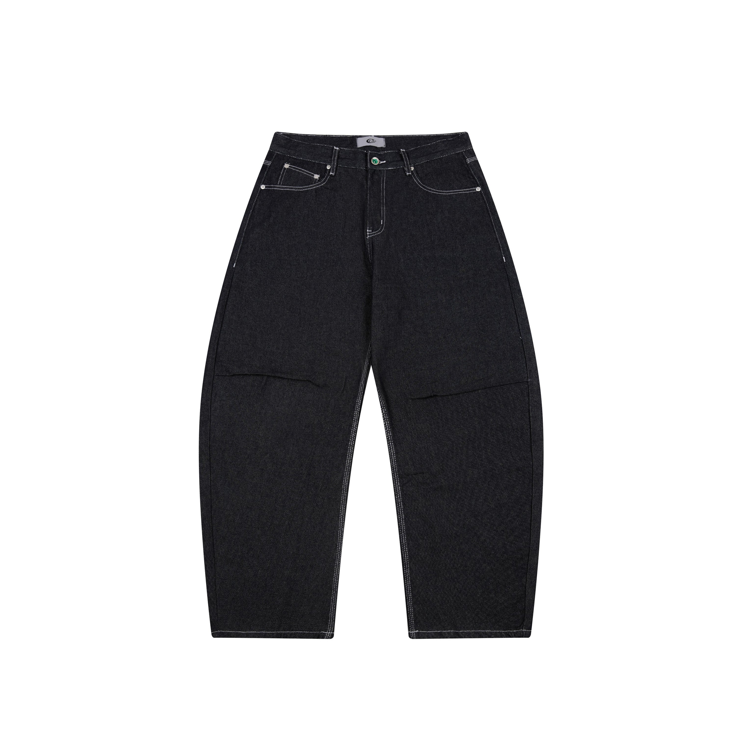 Front view of black heavyweight barrel-leg denim jeans with white contrast stitching and 5-pocket design