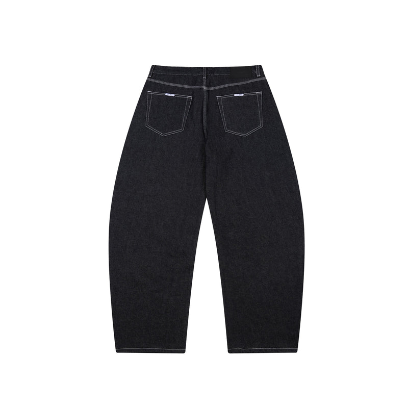 Black barrel-leg jeans with back pockets and heavy contrast stitching
