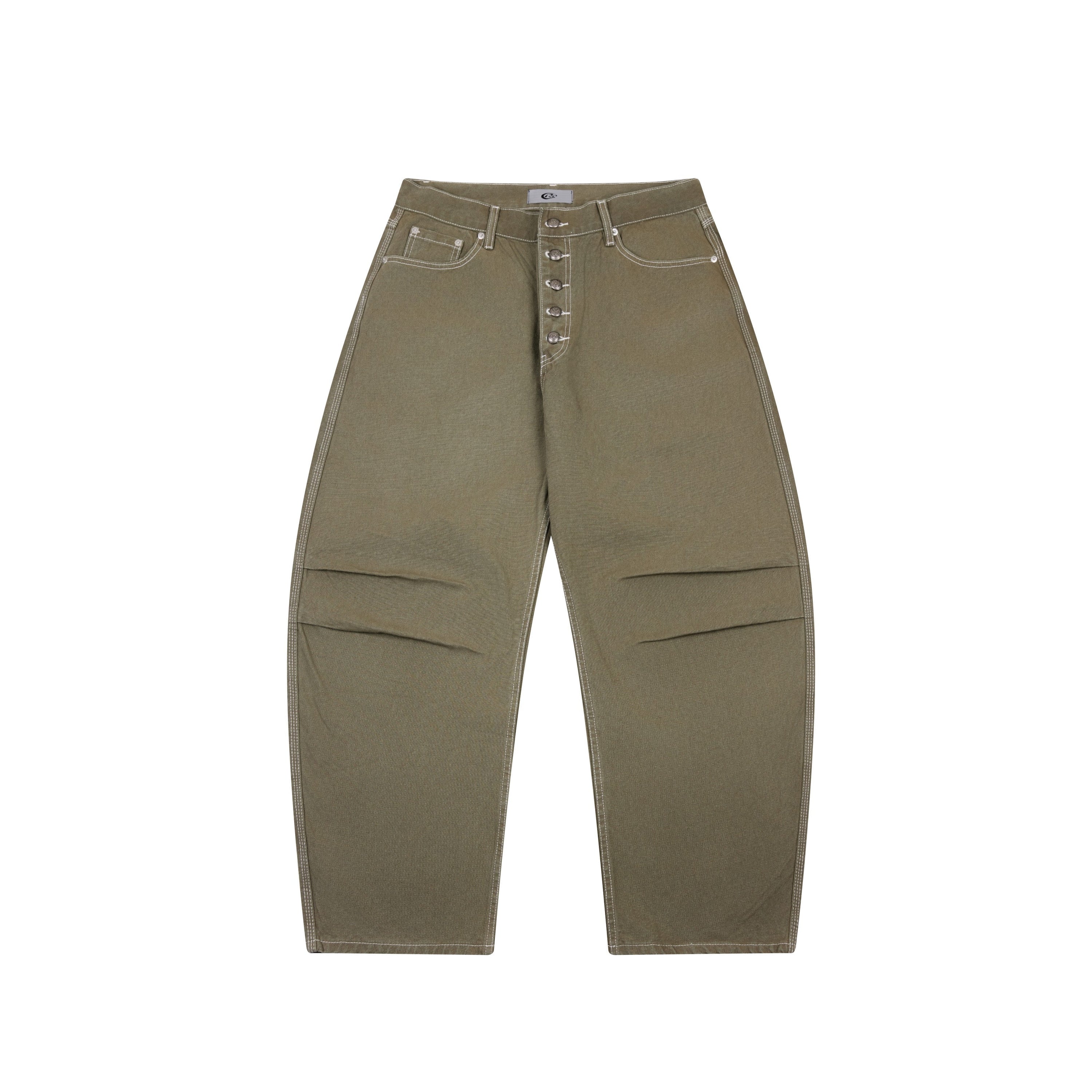 Olive green barrel-leg denim pants with white contrast stitching and button-fly closure, front view