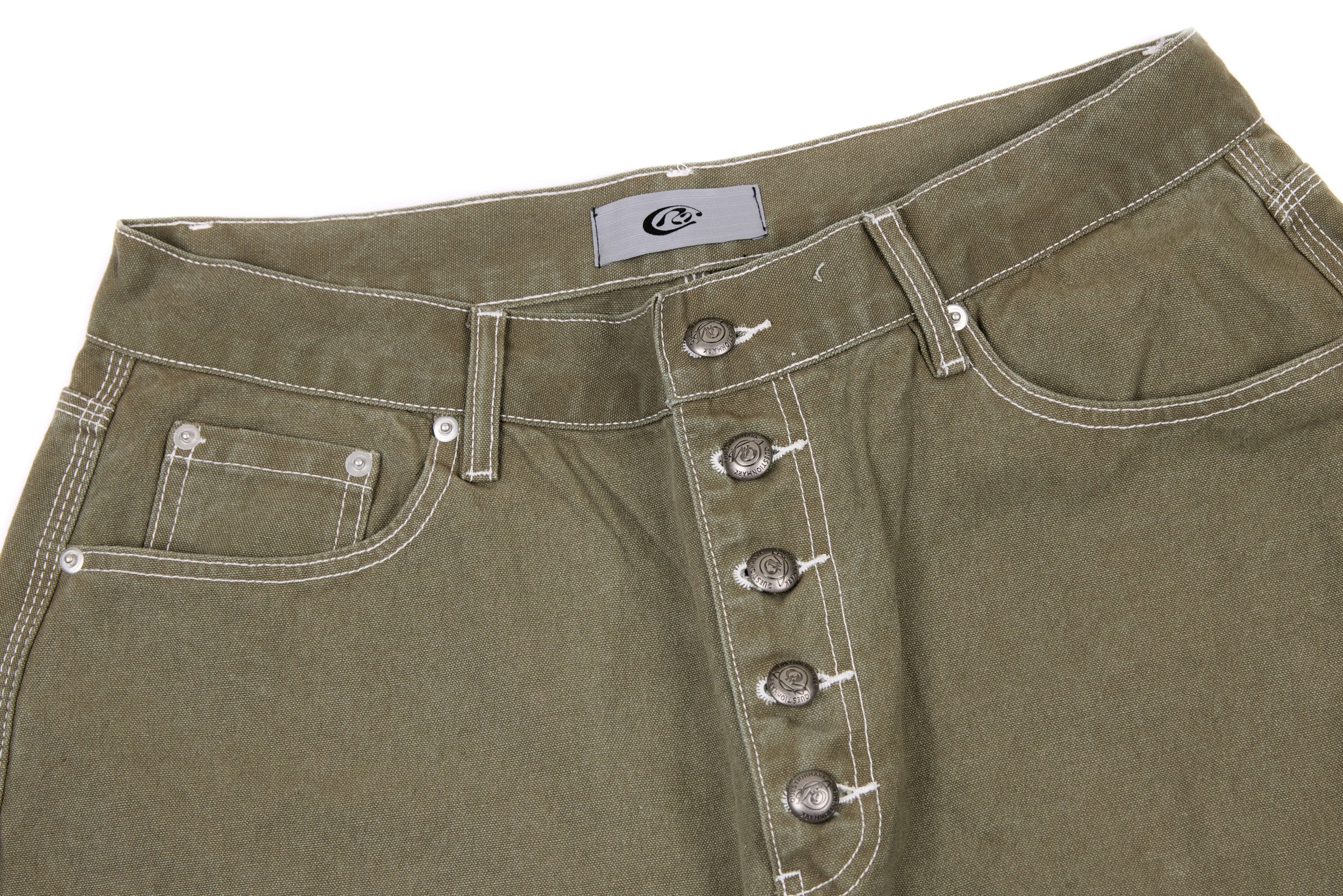 Omirad Contrast-Stitch Barrel Leg Denim Pants | Olive