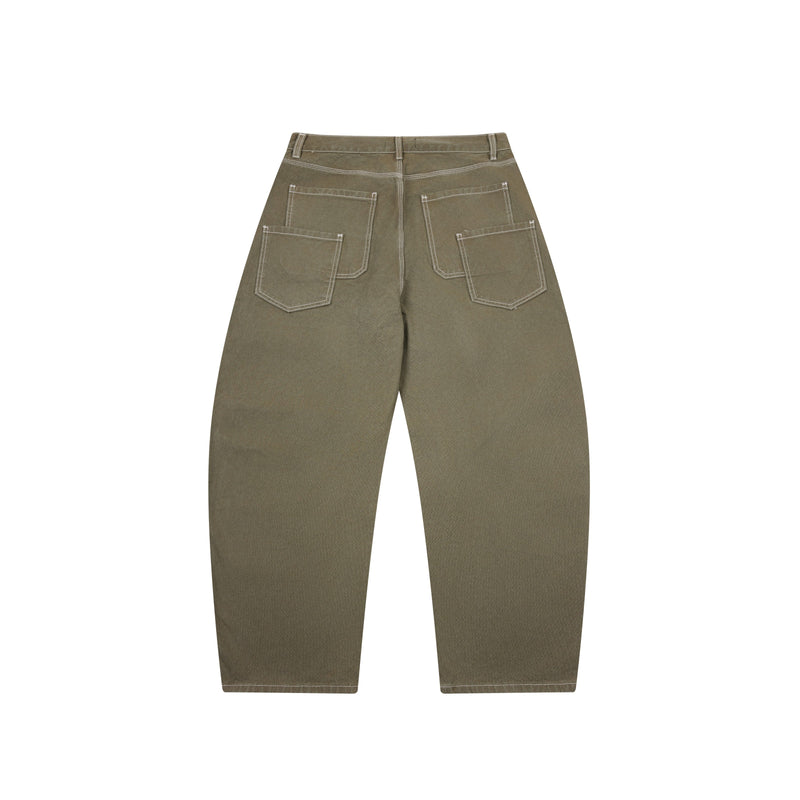 Olive barrel leg denim pants laid flat with back pockets and contrast stitching