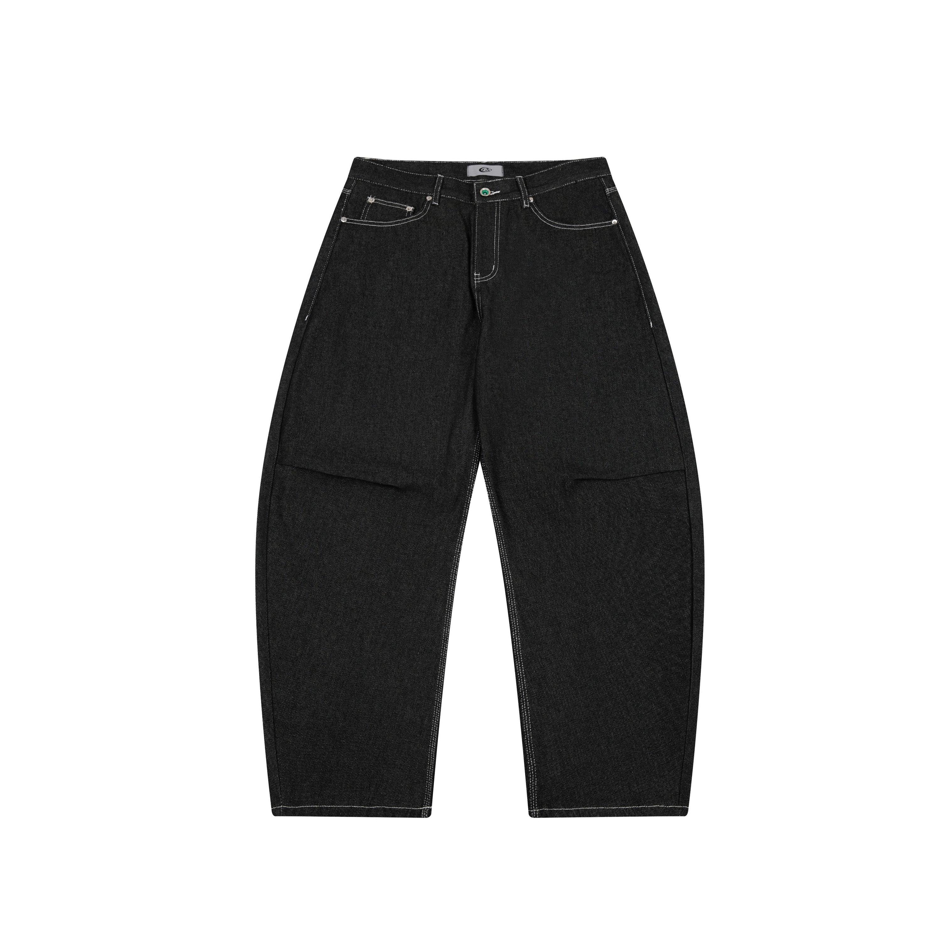Front view of black heavyweight barrel leg jeans with white contrast stitching and oversized front panel construction