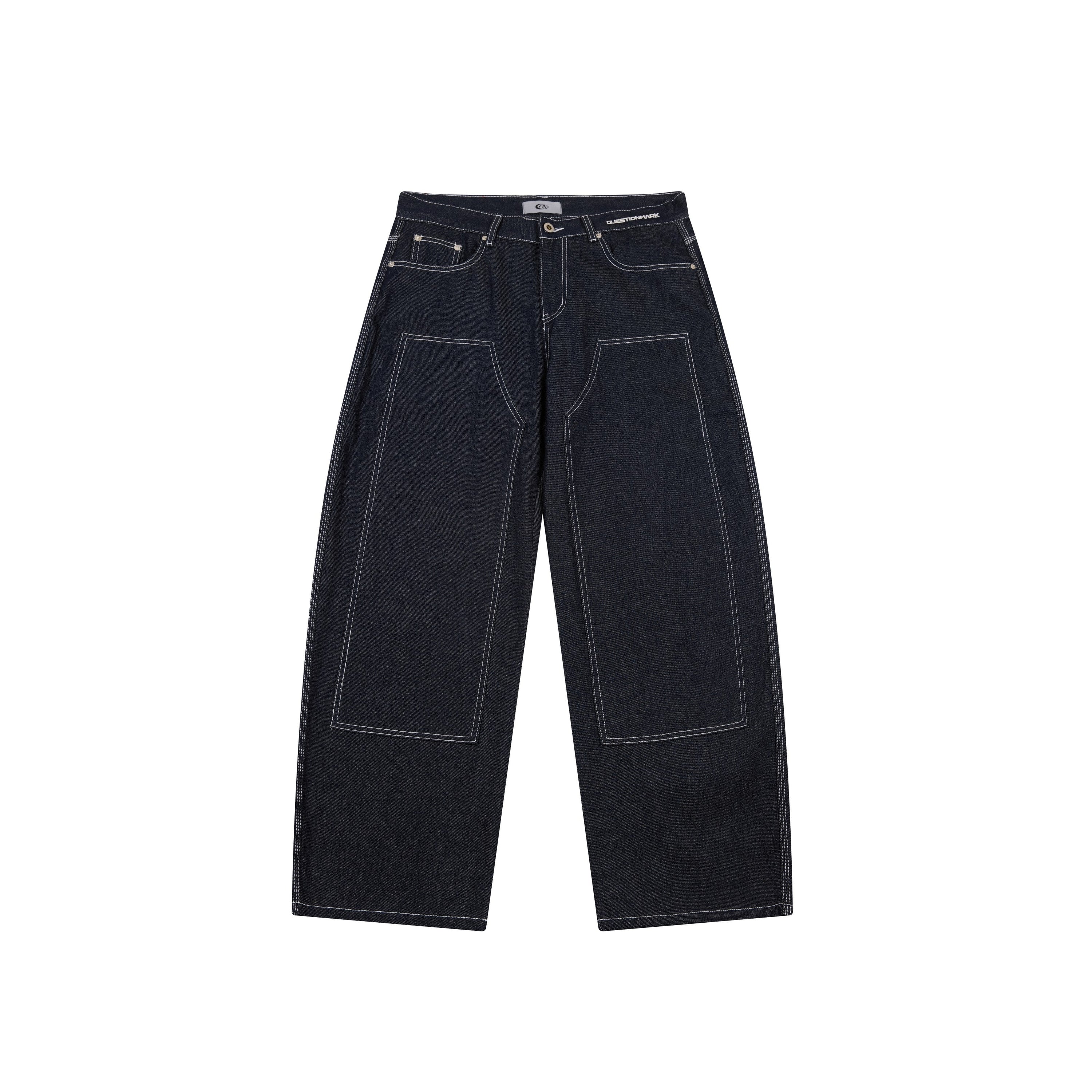 Dark indigo wide-leg denim pants with white contrast stitching and oversized front panel detailing, laid flat on white backgr