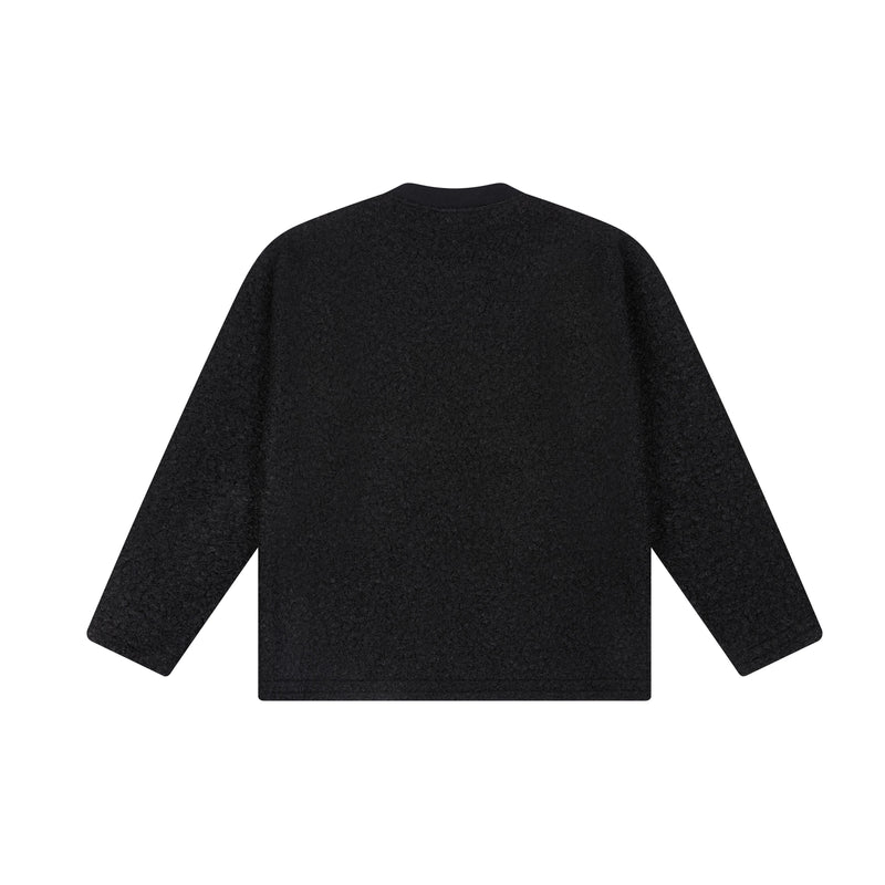 Black fleece crewneck sweatshirt laid flat, back view