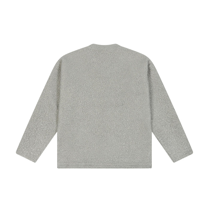 Light gray fleece crewneck sweatshirt laid flat, back view with long sleeves
