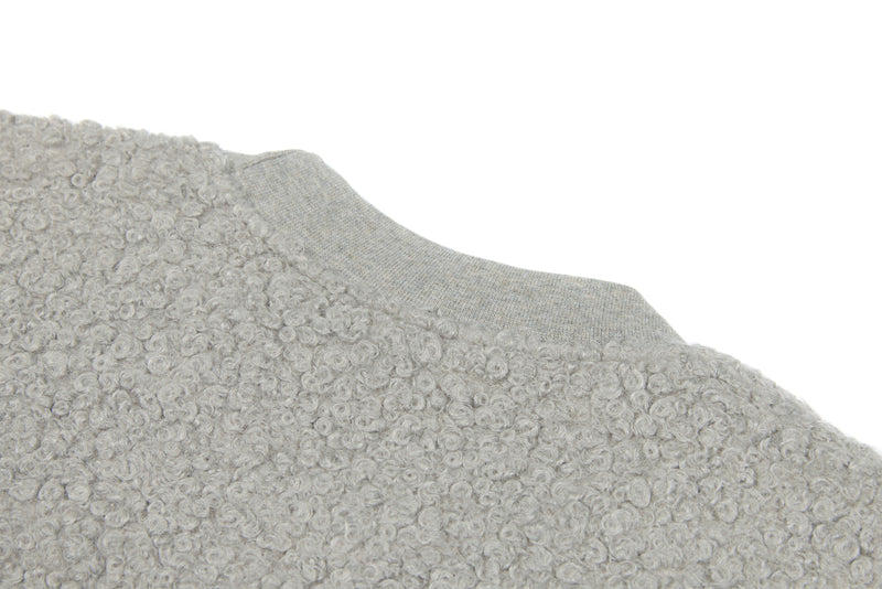 Close-up of light gray fleece crewneck collar and shoulder seam