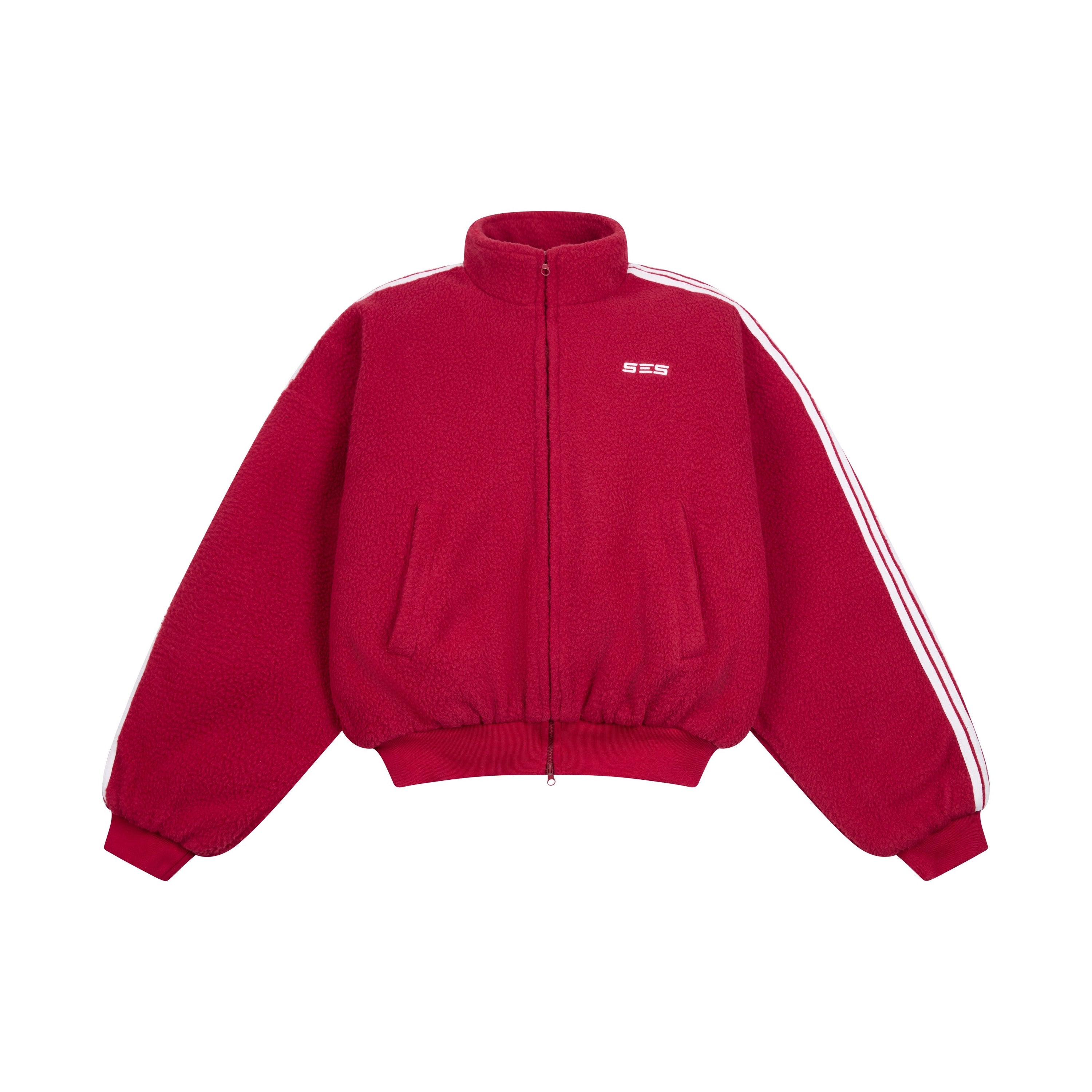 Crimson red cropped fleece track jacket with white three-stripe sleeves, stand collar, and full zip front, front view