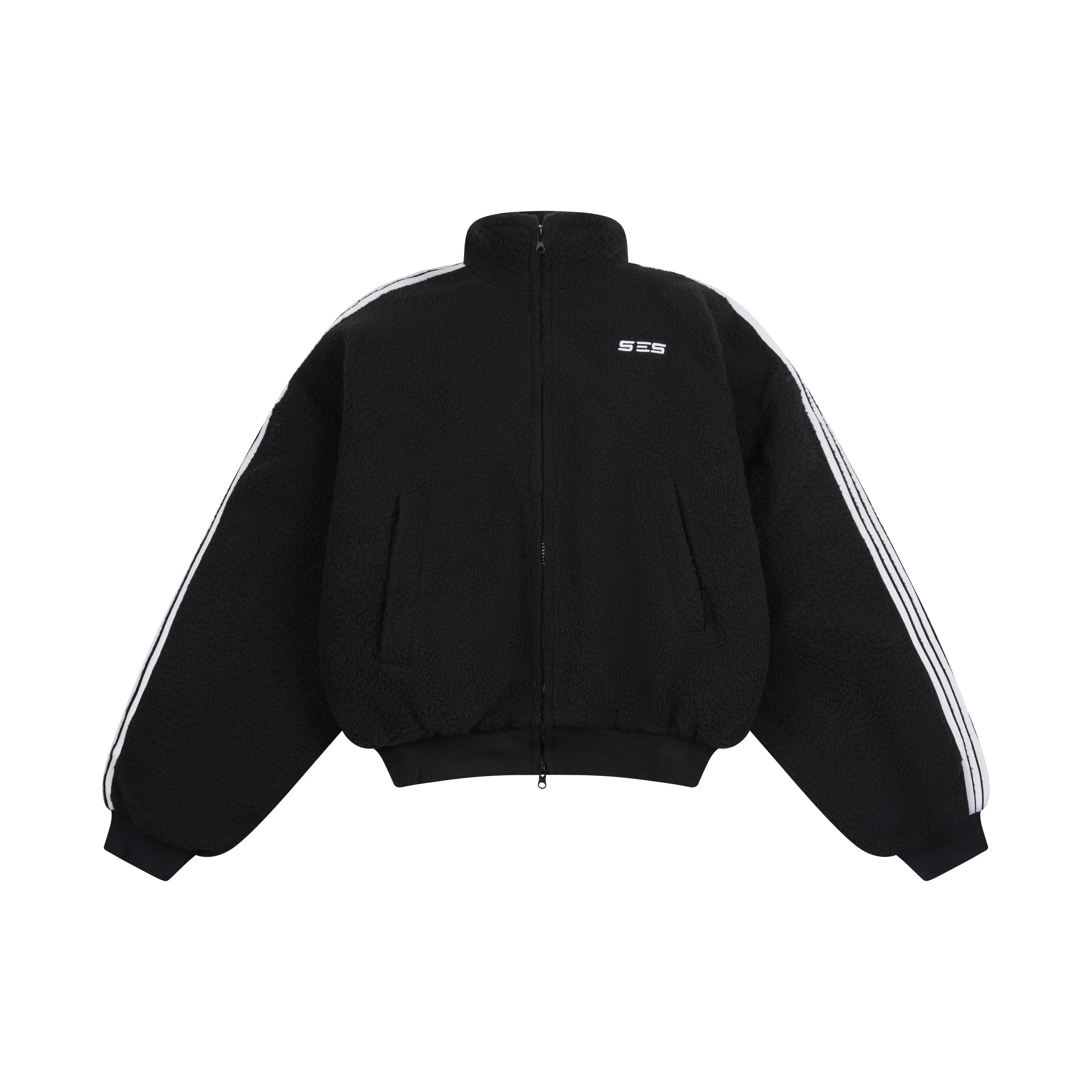 SES black oversized fleece track jacket with white contrast stripe sleeves and full zip front closure, front view