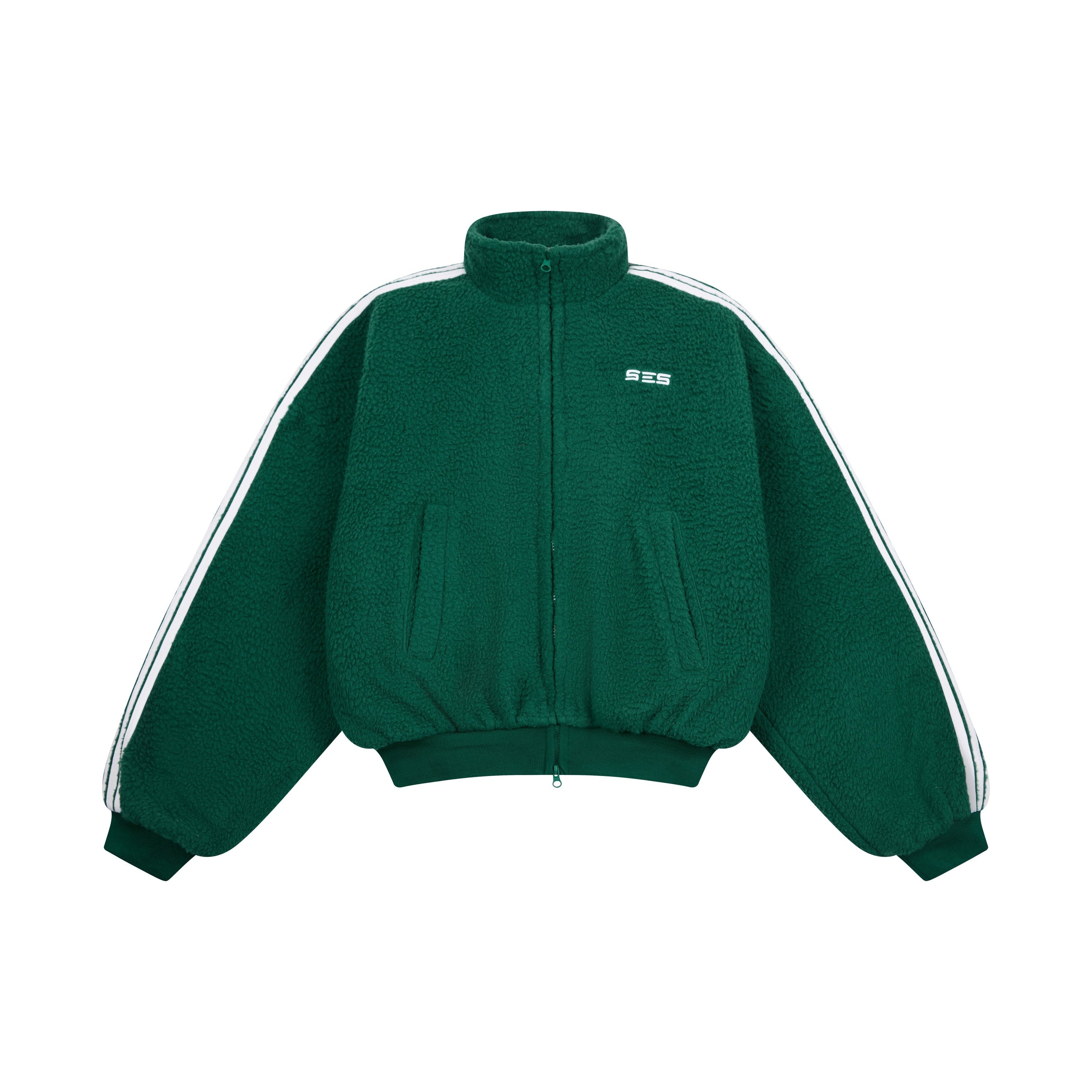 Oversized forest green sherpa fleece track jacket with white contrast stripe sleeves and SES logo embroidery, front view