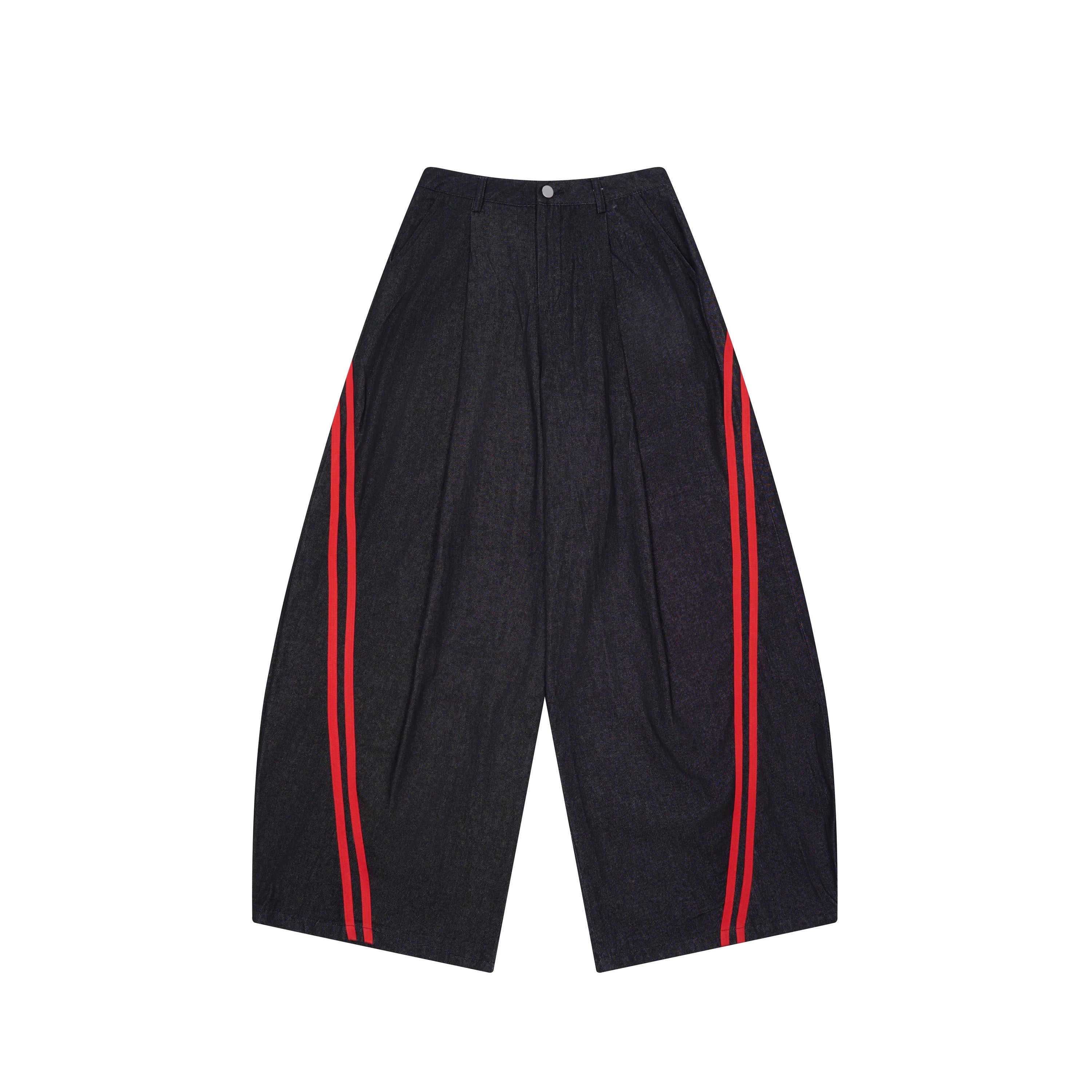 Front view of dark indigo wide-leg denim pants with dual red side stripes and front pleating on white background