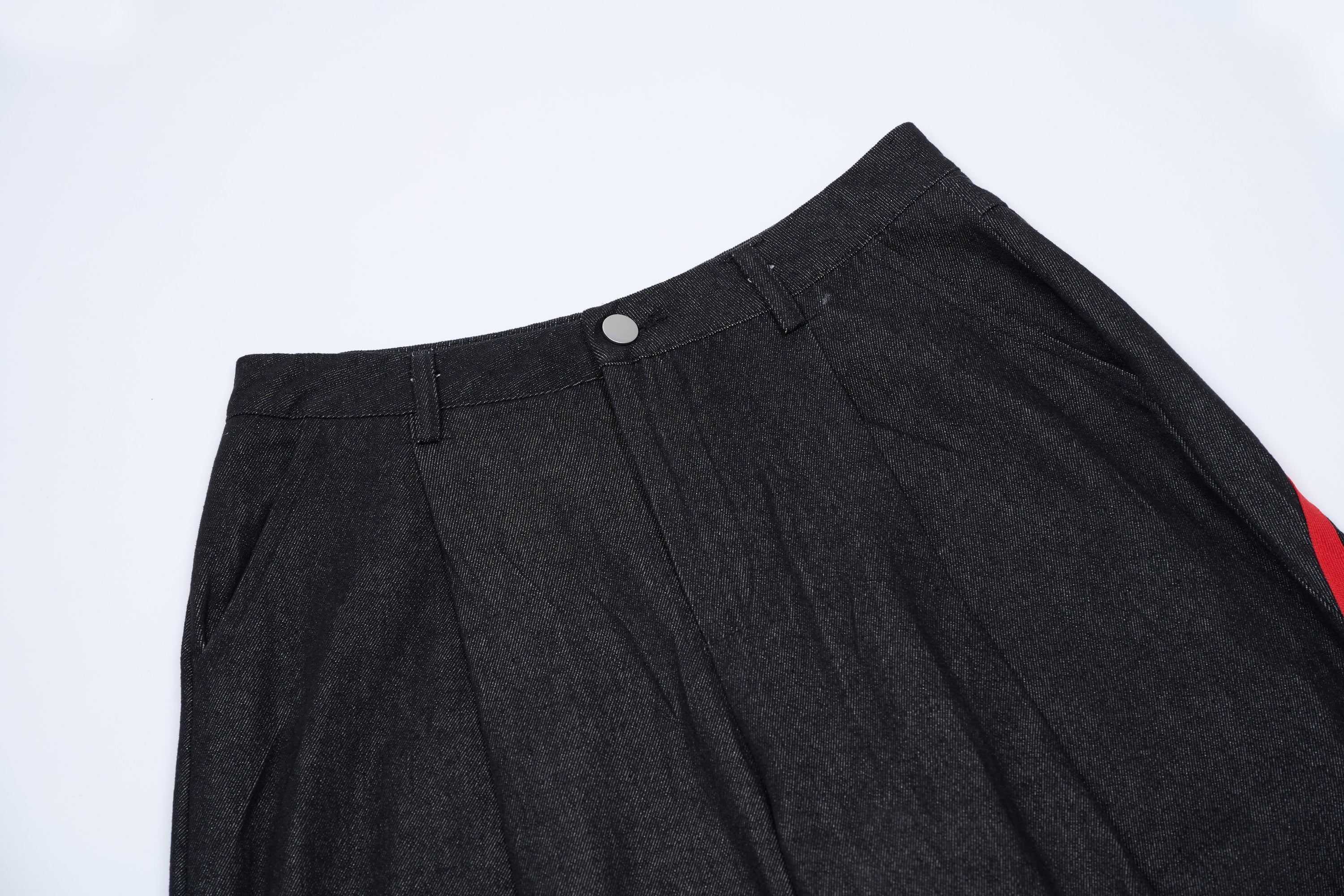 Wide-Leg Dark Denim Pants with Bold Red Side Stripes