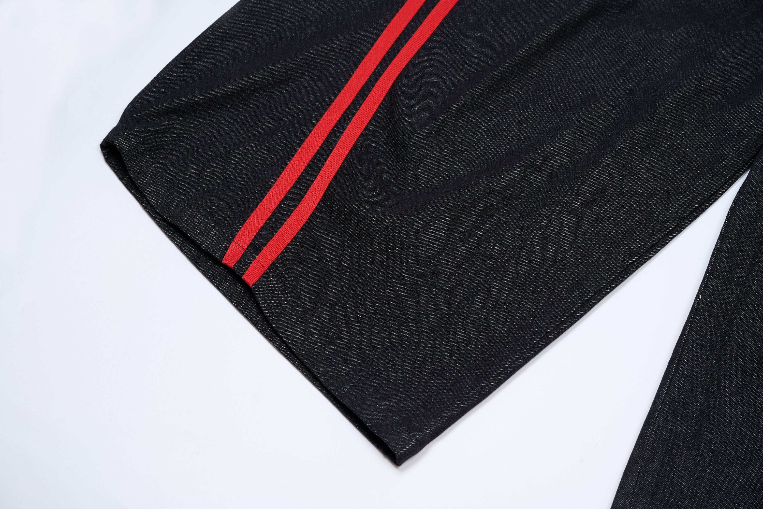 Wide-Leg Dark Denim Pants with Bold Red Side Stripes
