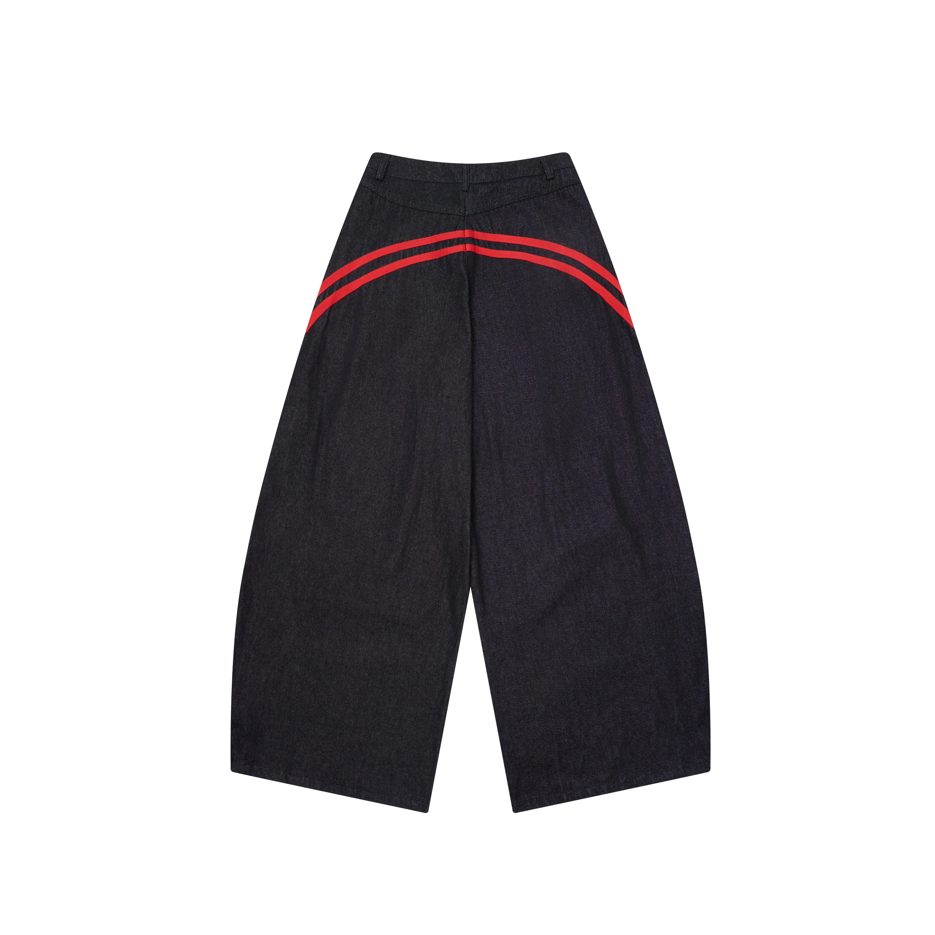 Wide-Leg Dark Denim Pants with Bold Red Side Stripes