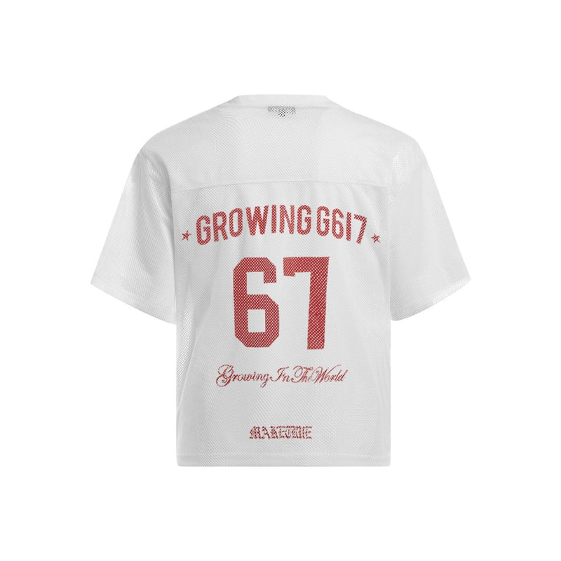 White mesh jersey tee with red varsity-style 67 graphic and Growing G617 streetwear text on the back