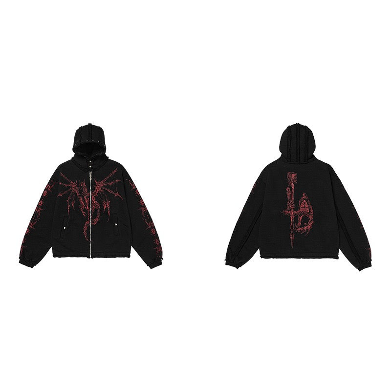 Black hooded zip-up hoodie shown front and back with red dragon graphics