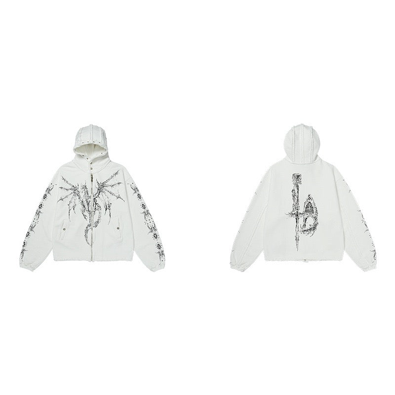 White hooded zip-up hoodie shown front and back with black dragon graphics