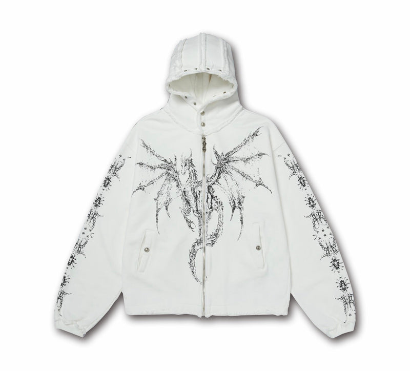 White zip-up hoodie with black dragon graphic on the front, hood up