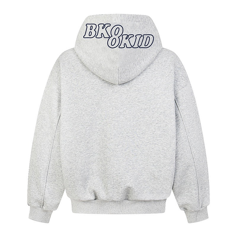 Light gray hoodie back view with BKOKID print on the hood