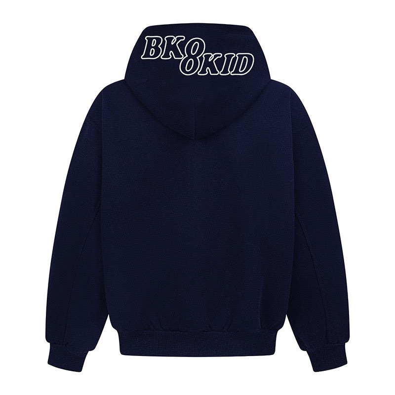 Dark navy zip hoodie back view with BKOKID print on the hood