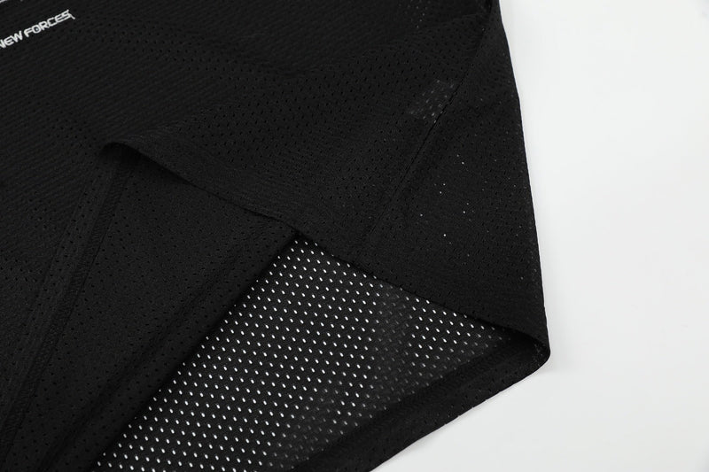 Black mesh football tee with leather-look panels and perforated streetwear jersey detailing