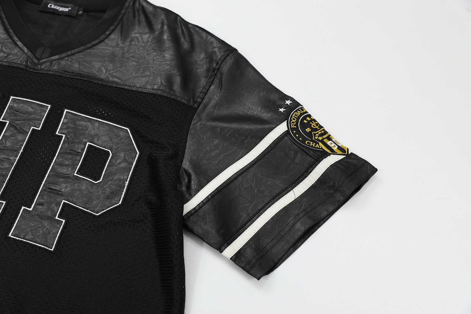 VIP Mesh Football Tee | Leather-Look Panels Streetwear Jersey