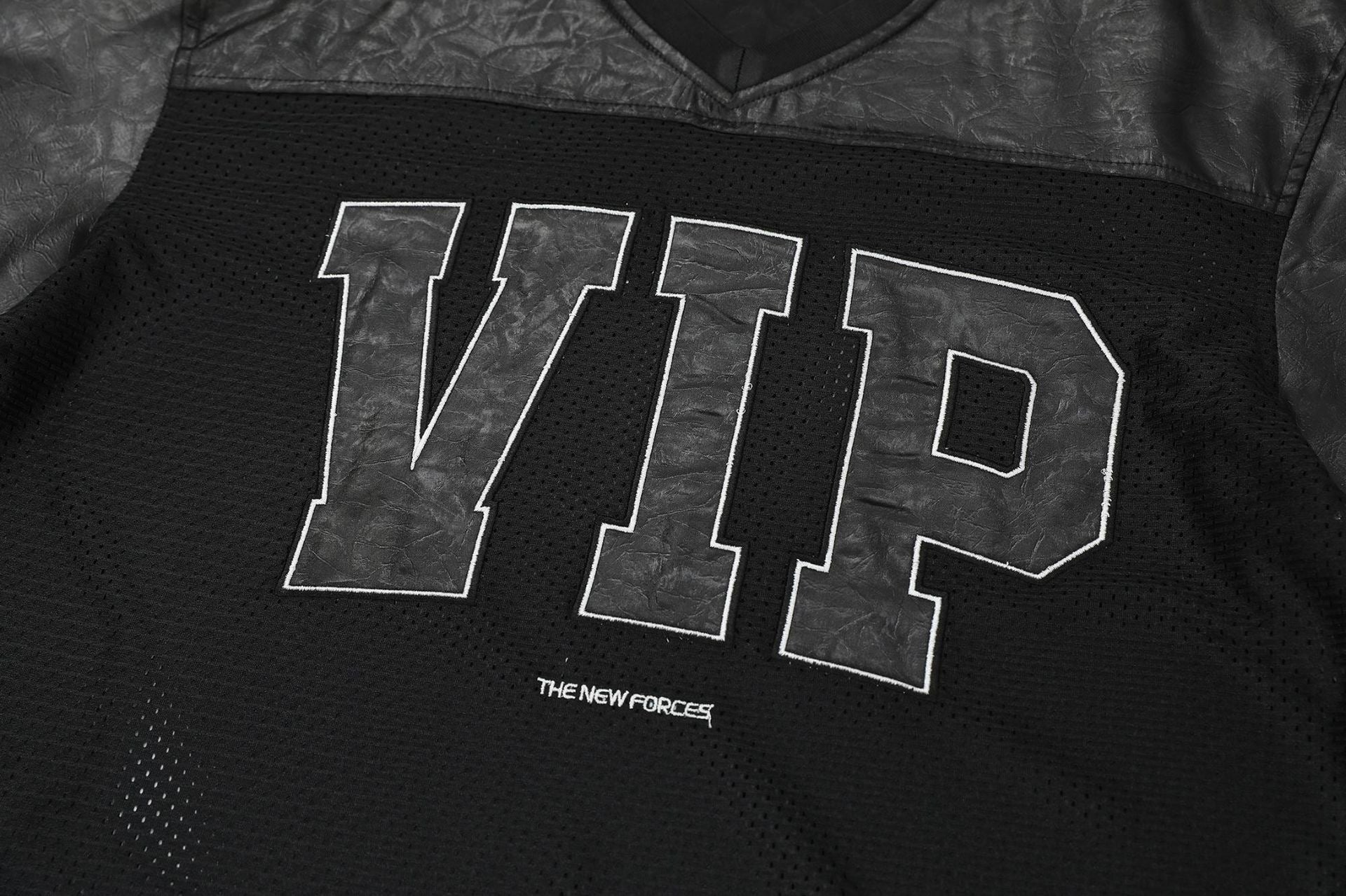 VIP Mesh Football Tee | Leather-Look Panels Streetwear Jersey