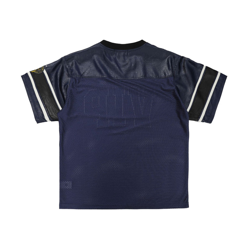 Navy mesh football tee with leather-look shoulder panels and black striped sleeves, shown flat on a white background