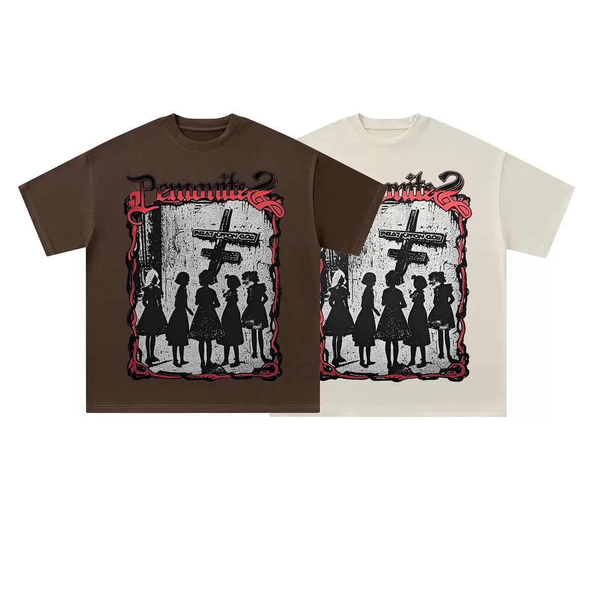 Cream oversized cotton t-shirt with gothic cross silhouette graphic print and red thorned border design