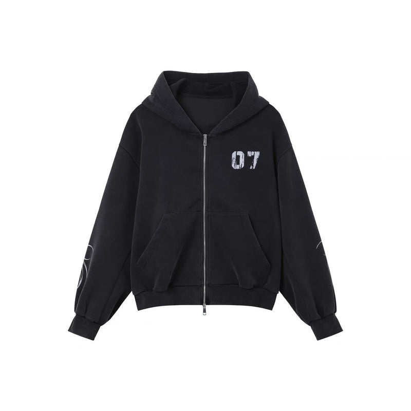 Black zip-up hoodie with hood, front pockets, and white "07" print on the chest