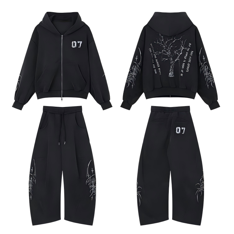 Black oversized zip-up hoodie with distressed 07 chest graphic and vine sleeve artwork, front view