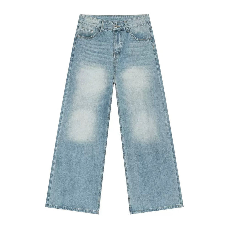 Light blue wide-leg jeans with heavy faded distressed wash, front view