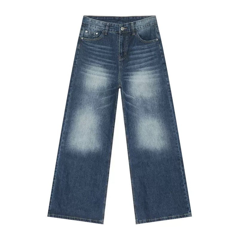 Dark blue wide-leg jeans with faded distressed wash, front view
