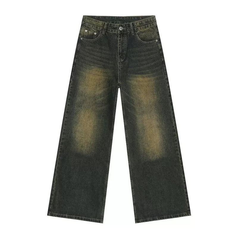 Black wide-leg jeans with faded distressed wash, front view
