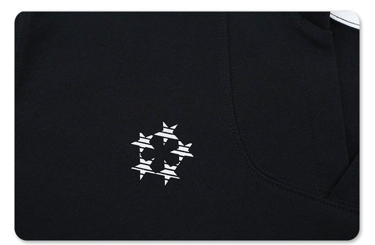 Black Masonway football tee with white geometric soccer crest and subtle chest pocket detail