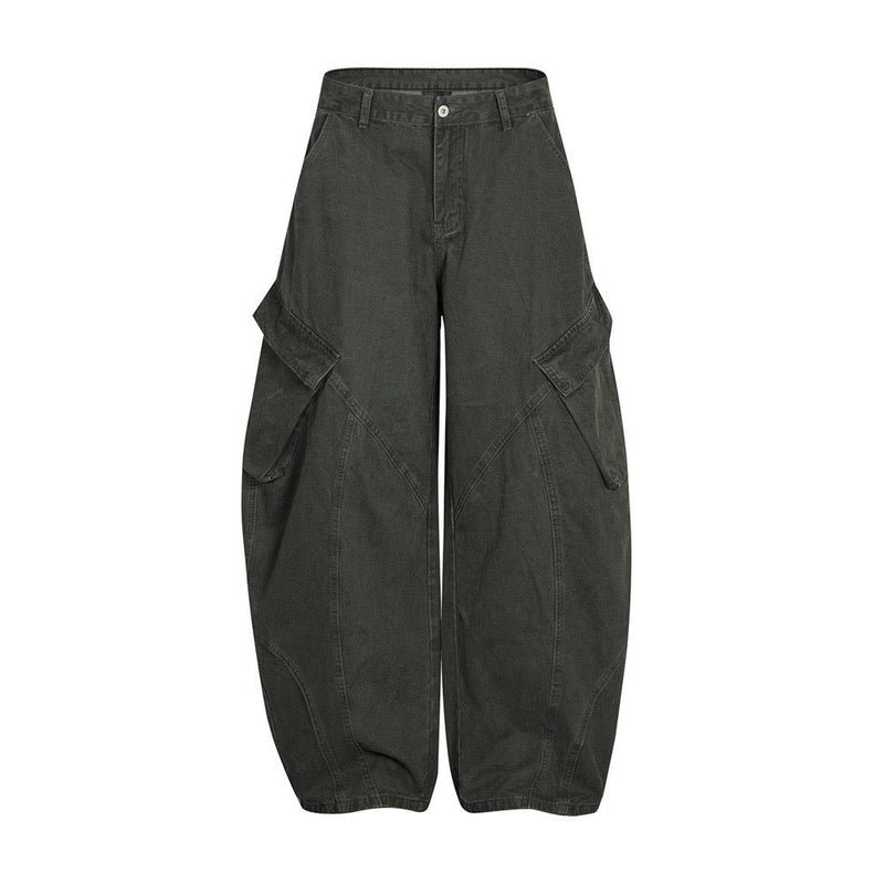 Dark charcoal wide-leg cargo pants with curved seam panels, front view