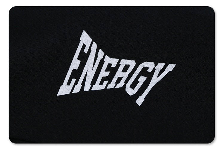 Black oversized jersey T-shirt with bold white Energy graphic in vintage athletic lettering